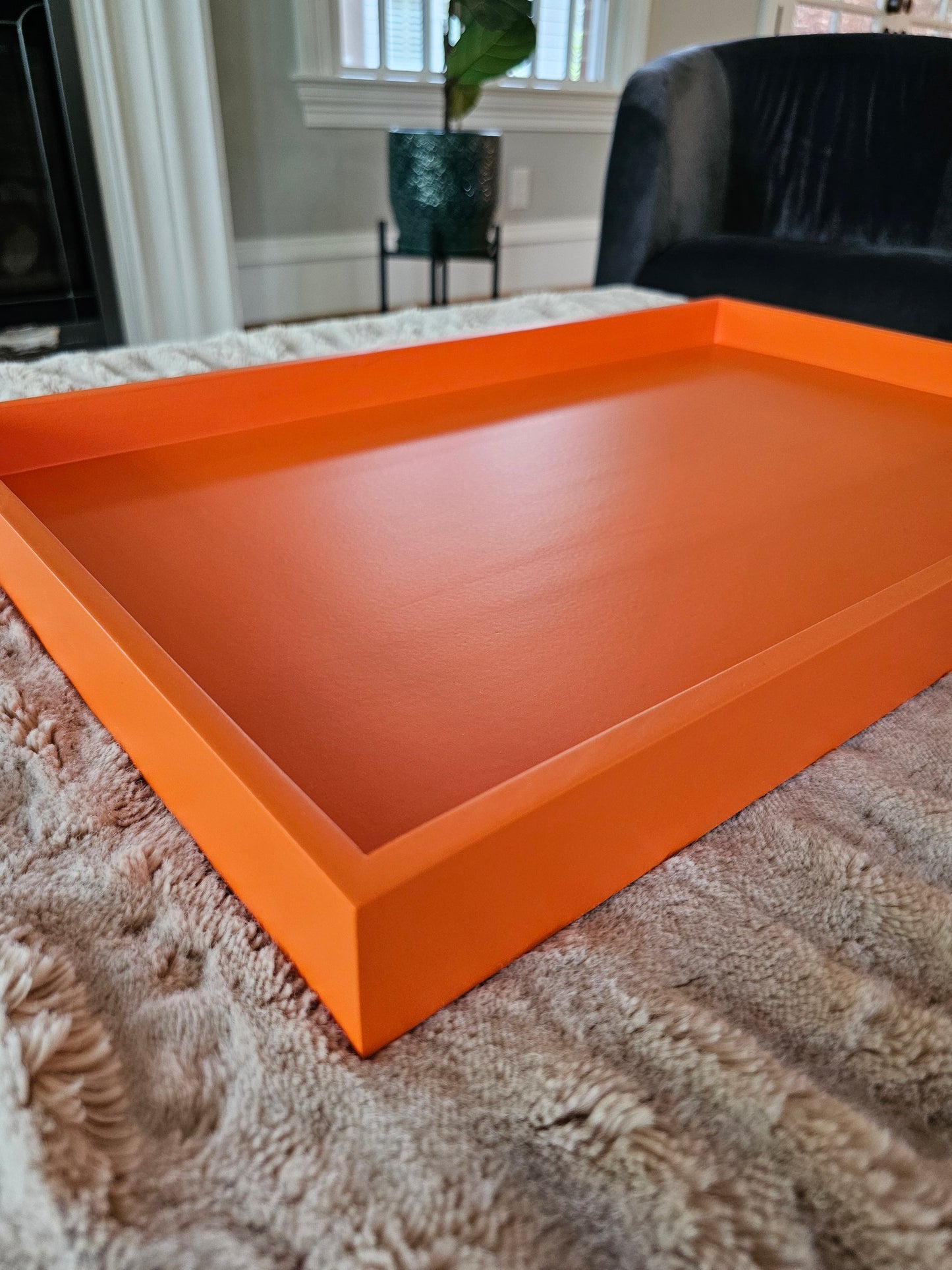 Large handmade wooden tray for coffee table, ottoman, or kitchen island. Valspar - Island orange with satin sheen.