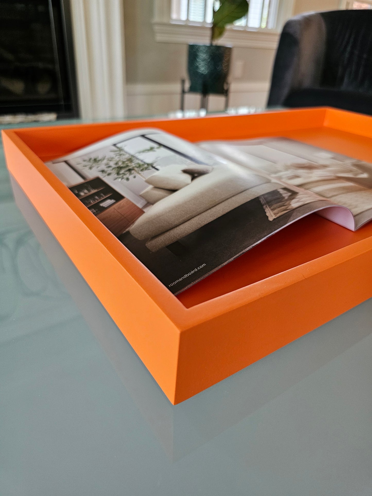 Large handmade wooden tray for coffee table, ottoman, or kitchen island. Valspar - Island orange with satin sheen.