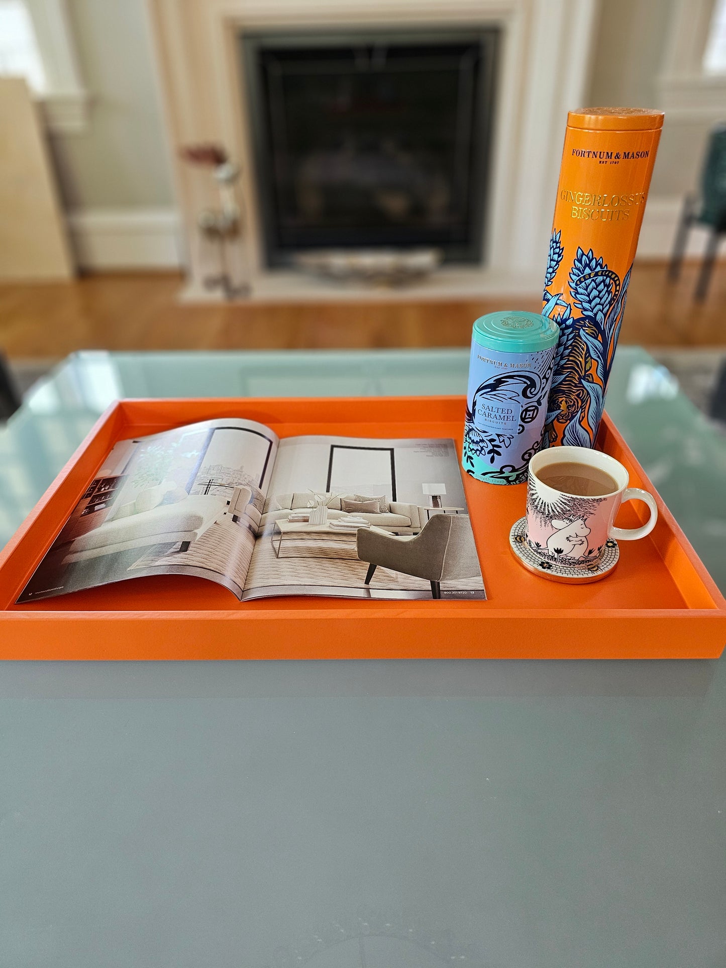 Large handmade wooden tray for coffee table, ottoman, or kitchen island. Valspar - Island orange with satin sheen.