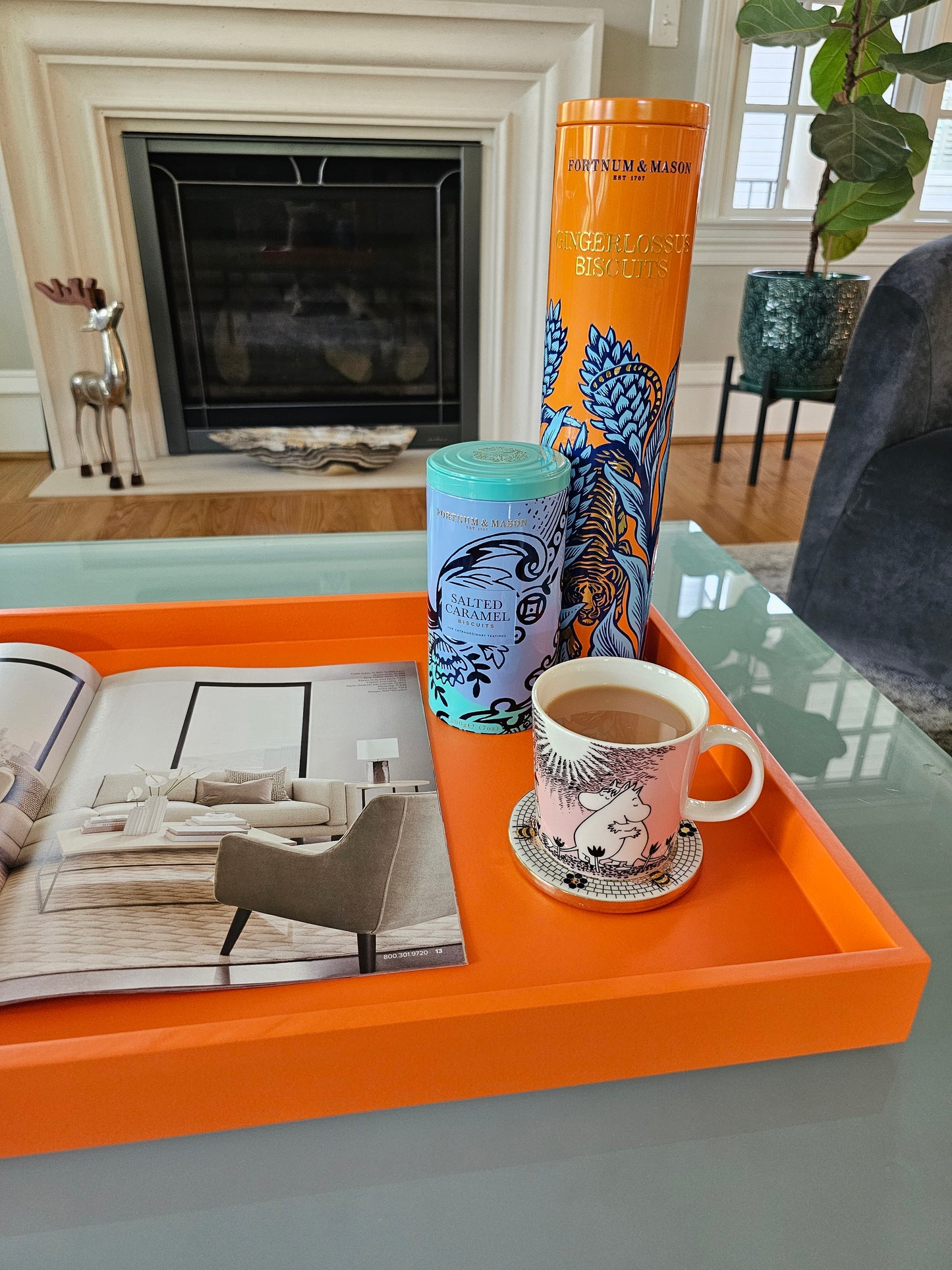 Large handmade wooden tray for coffee table, ottoman, or kitchen island. Valspar - Island orange with satin sheen.